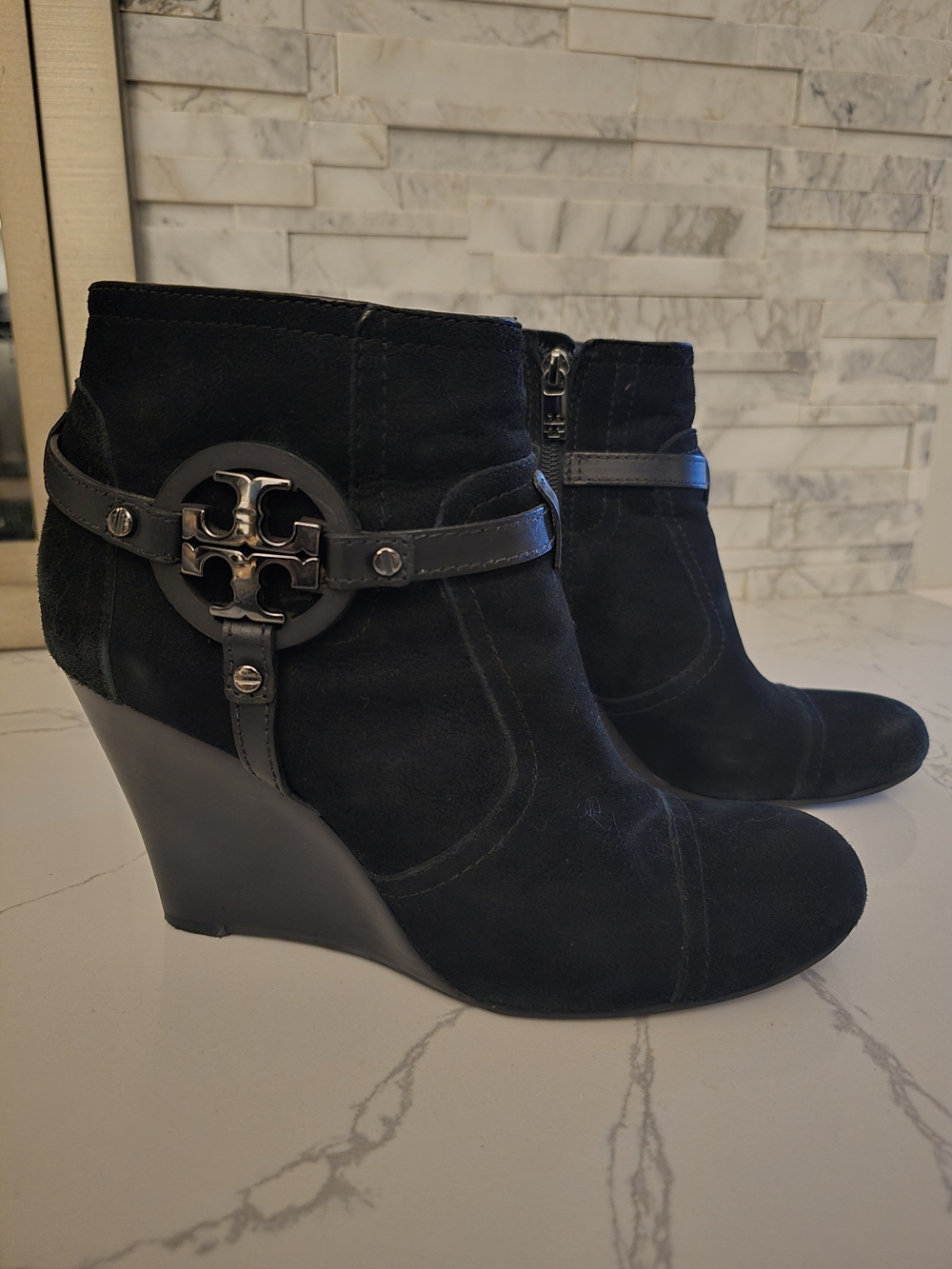 Tory Burch Black Suede Wedge Ankle Boots